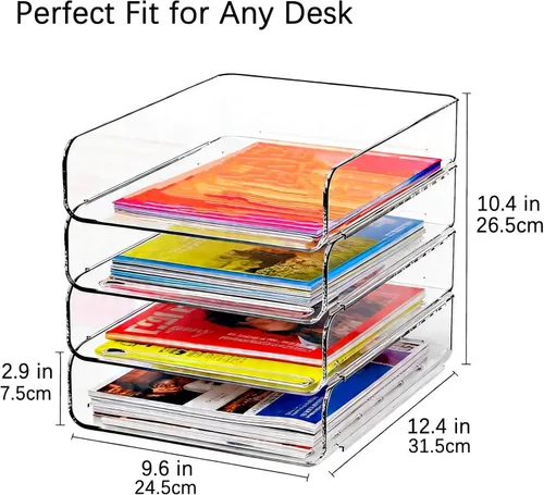Miniatura 3 de DCA Organizador de escritorio transparente de 4 niveles, bandeja de papel apilable, soporte de archivo acrílico, organizador de papel para oficina