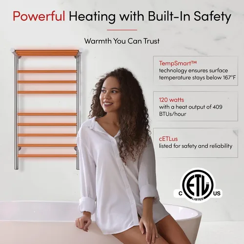 Miniatura 8 de WarmlyYours Calentadores de toallas negros para baño, toallero térmico negro montado en la pared con estante, 11 barras de acero inoxidable, 20 x 36