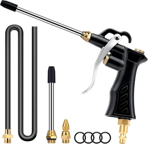 Pistola de soplado de aire industrial con boquilla ajustable de latón, pistola de soplador de aire neumática con 2 extensiones de acero y manguera