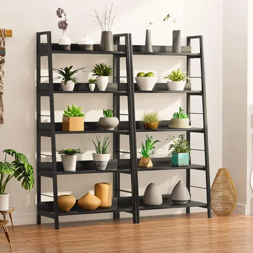 Miniatura 6 de Himimi Estantería de escalera negra, estantería industrial de 5 estantes, estantería industrial de madera y metal, estante de flores para plantas