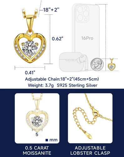 Miniatura 68 de MomentWish Collar de corazón para mujer, moissanita, diamante de imitación, plata de ley 925