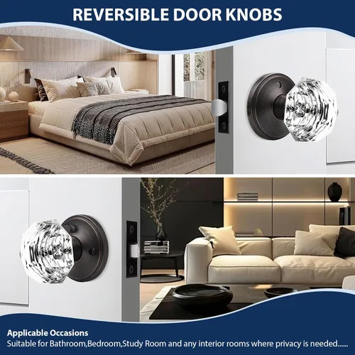 Miniatura 6 de Orger Paquete de 5 pomos de puerta de vidrio con roseta de bronce aceitado, pomos de puerta de baño/cama para uso de privacidad, manijas de puerta