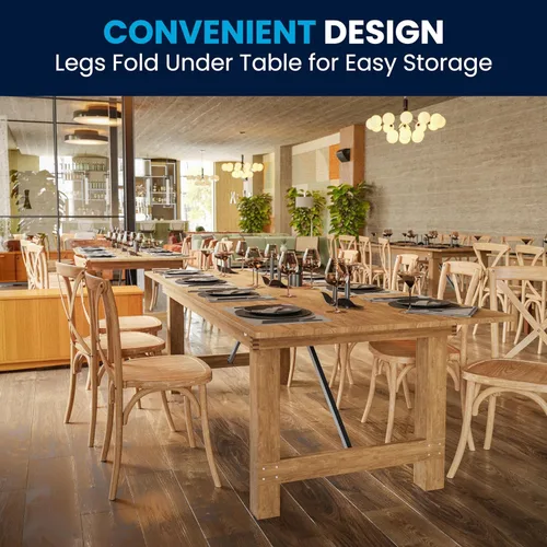 Miniatura 4 de Flash Furniture Serie Hércules Mesa de comedor plegable rústica de pino macizo de 8' x 40", mesa rectangular antigua de granja para comedor y eventos