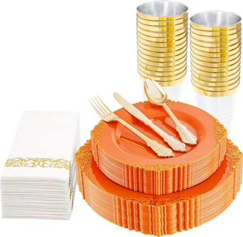 Miniatura 10 de Nervure 175 piezas de vajilla de plástico azul - Juego de vajilla de plástico azul dorado desechable incluye 50 platos para cena y postre, 25 Azul