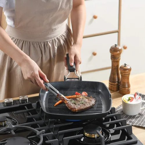 Miniatura 3 de S·KITCHN Sartén para parrilla con mango plegable, sartén antiadherente para estufas, sartén cuadrada compatible con inducción con boquillas