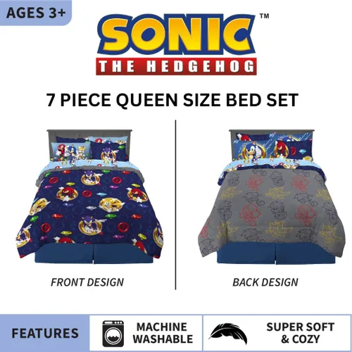 Miniatura 2 de Franco Sonic the Hedgehog Anime Juego de edredón y sábanas supersuaves para niños con funda, 7 piezas, tamaño reina, (Producto oficial con licencia)