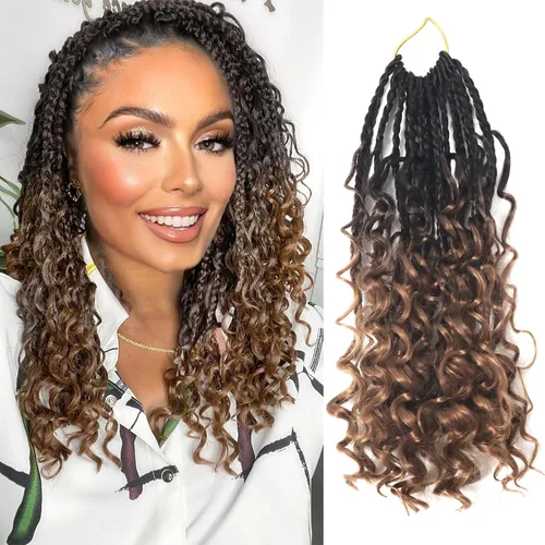 Miniatura 121 de Goddess Box Braids - Trenzas de cabello a ganchillo con extremos rizados, trenzas de caja bohemianas de 16 pulgadas, trenzas de ganchillo, 8 1B-4-30