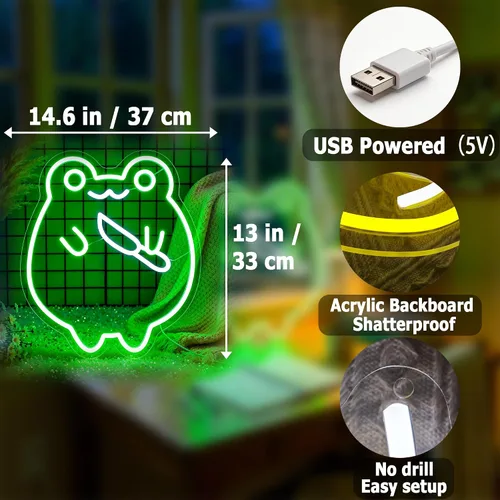 Miniatura 5 de Letrero de neón con diseño de rana de HSJNJKFU para decoración de pared, luz LED de animales verdes para bares, cervezas, tiendas, restaurantes