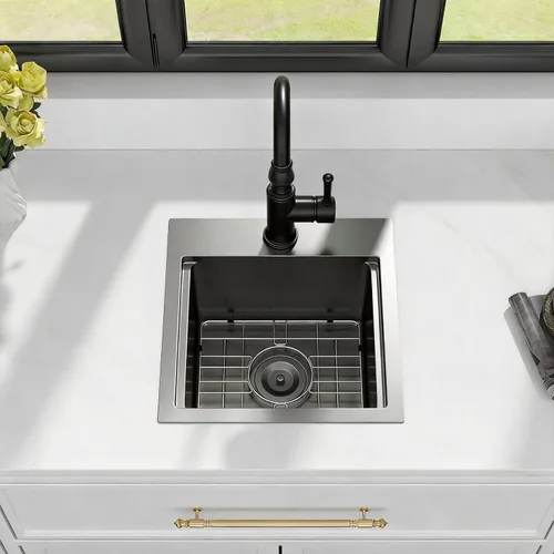 Miniatura 3 de Kichae Fregadero de barra negro de 15 x 15 pulgadas, pequeño montado en la parte superior, acero inoxidable, repisa de un solo cuenco, estación