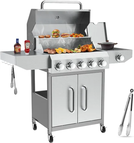 Llamaviva - Parrilla de gas propano de 5 quemadores con quemador lateral, parrilla de barbacoa de acero inoxidable con rejillas de hierro fundido