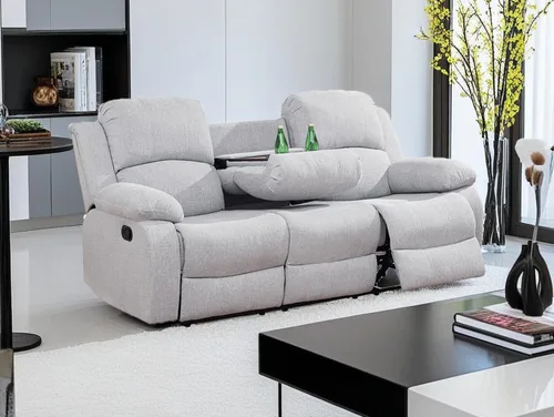 Miniatura 9 de Sofá reclinable manual moderno, sofá reclinable de cuero de 3 plazas, sofá reclinable de sala de estar, sofá con portavasos y mesa abatible