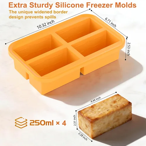 Miniatura 5 de Bandeja de silicona para congelador Bangp para cubitos de hielo de sopa, bandeja de congelación de 1 taza con tapa para preparación de comidas