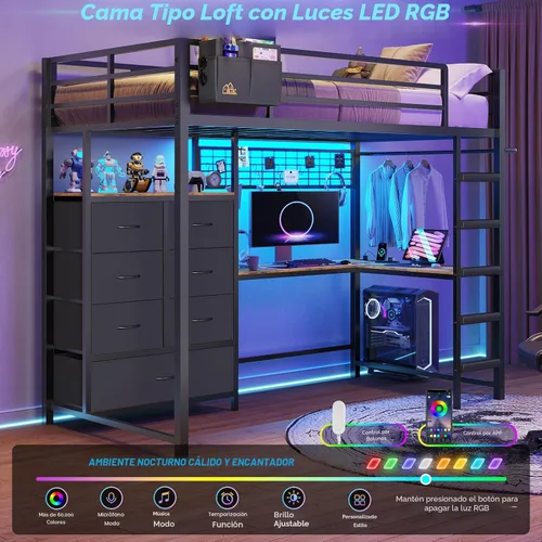 Miniatura 3 de DICTAC Cama alta individual con escritorio en forma de L y 7 cajones de almacenamiento, cama alta de metal tamaño individual para niños con luces
