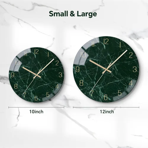 Miniatura 2 de VIKMARI Reloj de pared de cristal verde esmeralda, silencioso, sin tictac, funciona con pilas, 10 pulgadas, textura moderna de mármol, decoración