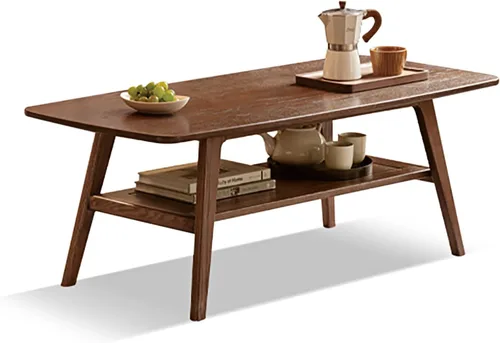 Mesa auxiliar 100% de madera maciza con estante de almacenamiento, mesa central de madera de 2 niveles para sala de estar, mesa rectangular rústica