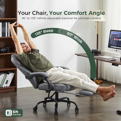 Miniatura 3 de amseatec Silla de oficina grande y alta con reposapiés, silla ergonómica de cuero con respaldo alto, bloqueo infinito reclinable de 90° a 135°, 20