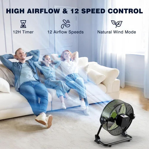 Miniatura 4 de Ventilador de piso recargable portátil de 10 pulgadas, ventilador silencioso de metal con pilas, tiempo de funcionamiento 24 horas, 12 velocidades