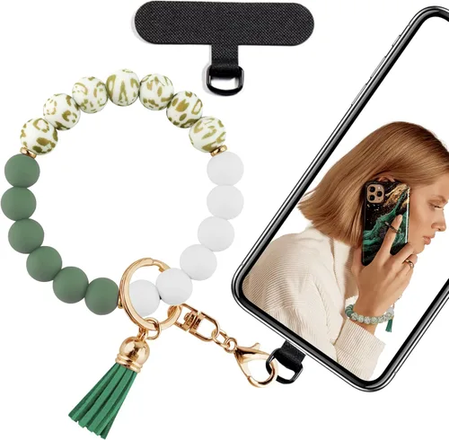 Miniatura 9 de Correa de muñeca de teléfono con cuentas de silicona, pulsera para teléfono con lengüeta de sujeción, pulsera manos libres para iPhone (negro)