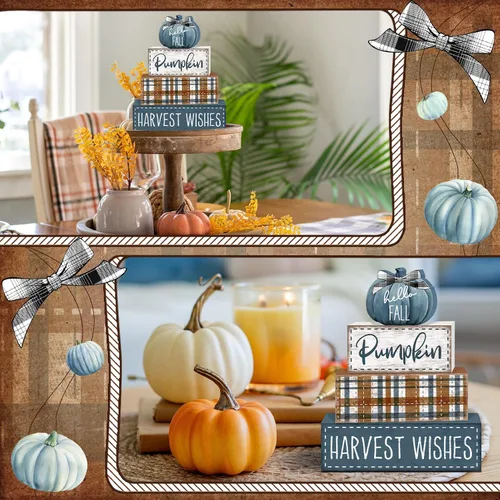 Miniatura 7 de Britimes 4 Piezas Calabazas Azules Decoración de Otoño Letrero de Bandeja Escalonada de Madera, Decoraciones Rústicas de Granja Calabaza de Otoño