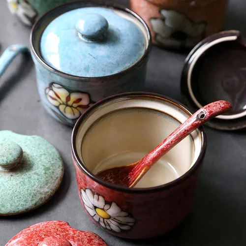 Miniatura 3 de Azucarero de cerámica hecho a mano con tapa y cuchara, tarro de condimento de porcelana de 9 onzas con diseño floral pintado a mano, recipiente