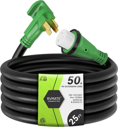 RVMATE Cable de extensión de alimentación con cerradura para RV/generador de 50 amperios y 25 pies, mango de fácil enchufe, 14-50P a SS 2-50R con