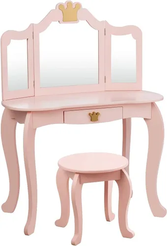 Miniatura 3 de HONEY JOY Tocador Infantil, Juego de Mesa y Silla de Maquillaje Temática de Corona para Niños con Cajón y Espejo Plegable, Espejo Desmontable, Juego