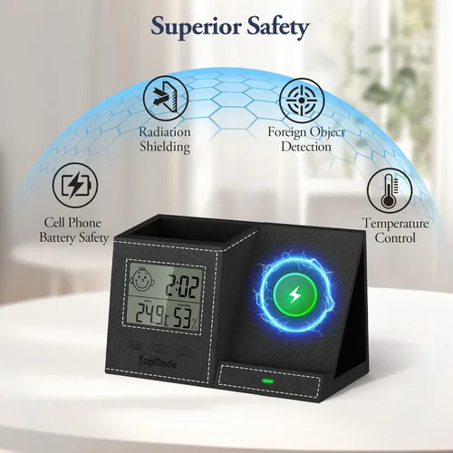 Miniatura 6 de TopMade Cargador inalámbrico con soporte para bolígrafo, organizador de mesita de noche de cuero, suministros de oficina en casa, soporte para Negro