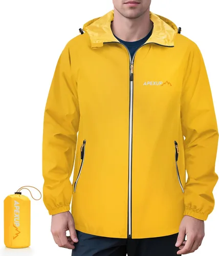 Miniatura 9 de APEXUP Chaqueta de lluvia empacable para hombre con cremallera reflectante, impermeable ligero, chaqueta de lluvia para hombre para deportes al aire