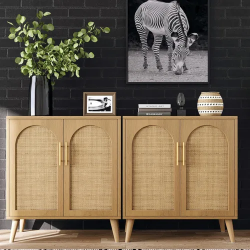 Rovaurx Juego de 2 gabinetes de almacenamiento de ratán con puertas, gabinete de piso de baño de acento, aparador moderno para sala de estar, Natural
