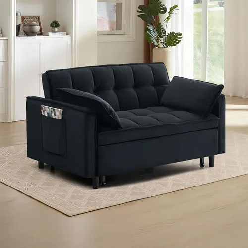 Miniatura 9 de CAPCAEK - Sofá cama convertible 3 en 1, sofá biplaza de terciopelo moderno con cama extraíble, sofá de salón pequeño con respaldo reclinable, negro