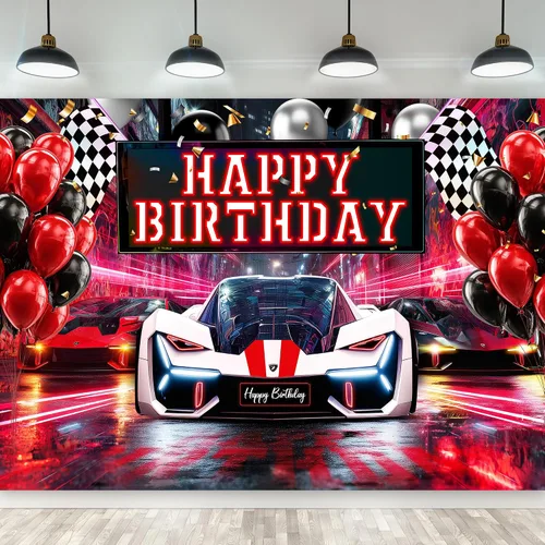 Miniatura 11 de Riyidecor Telón de fondo de feliz cumpleaños de coche de carreras, bandera de cuadros negros y blancos de neón de 5 pulgadas de ancho x 3 pies
