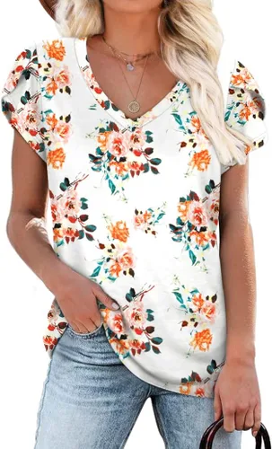 WIHOLL - Camisetas casuales de verano con cuello en V y mangas cortas tipo pétalo para mujer