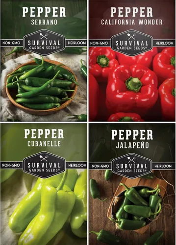 4 Colección de semillas de pimiento | Jalapeño, Serrano, Cubanelle y California Wonder | Semillas de pimientos picantes y dulces autóctonas sin