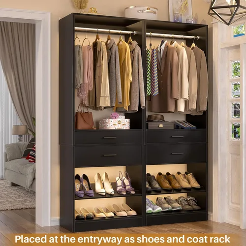 Miniatura 2 de Unikito Organizador de armario de 25 pulgadas de ancho x 80 pulgadas de alto, con barra para colgar y 2 cajones de madera, zapatero ajustable