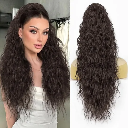 Miniatura 19 de Extensión de cola de caballo con cordón, extensión de cola de caballo larga y rizada para mujeres negras, extensiones de cabello negro de 26
