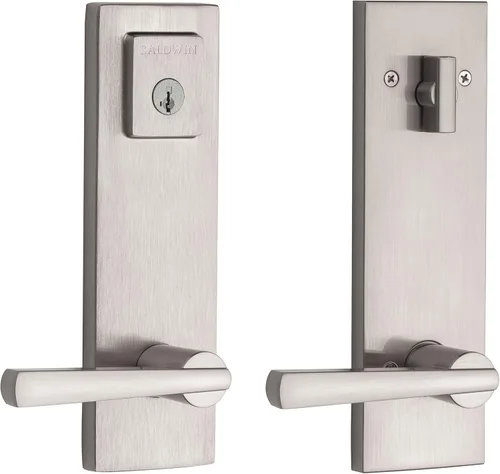 Baldwin Spyglass - Manija de puerta delantera de un solo cilindro con seguridad SmartKey en níquel satinado, serie Prestige con un moderno juego de