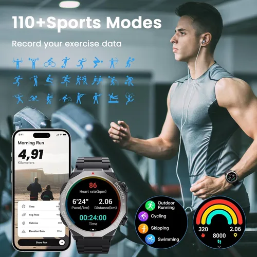 Miniatura 5 de Relojes inteligentes militares para hombres (respuesta/hacer llamadas), reloj de fitness de 1.39 pulgadas con monitor de sueño con podómetro