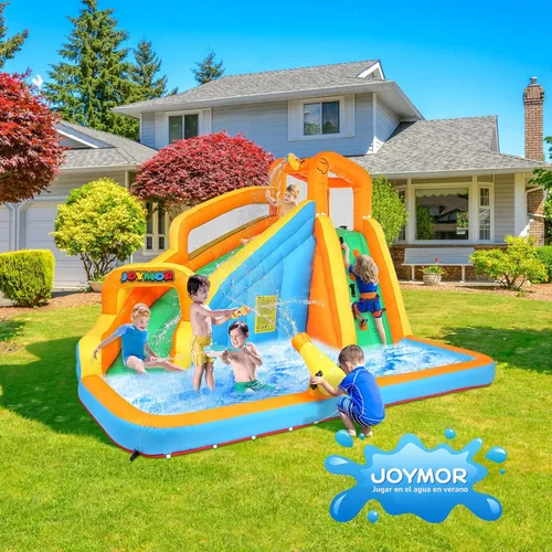 Miniatura 4 de JOYMOR Parque inflable de tobogán acuático con piscina, pared de escalada, cañón de agua, toboganes acuáticos inflables para patio trasero, Naranja
