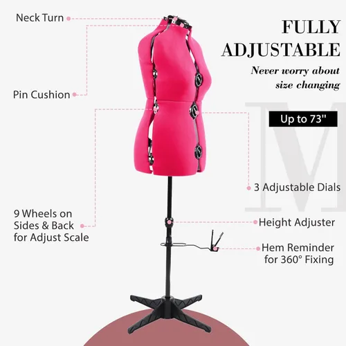 Miniatura 7 de Maniquí Ajustable Rosa para Vestidos de Costura Femenino Talla 6-14, Cuerpo de Modelo Pinchable con 13 Diales y Guía de Dobladillo de 360 Grados
