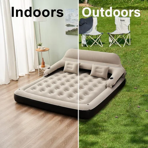 Miniatura 4 de Cama inflable de colchón de aire tamaño Queen con cabecero y almohadas, sofá cama inflable