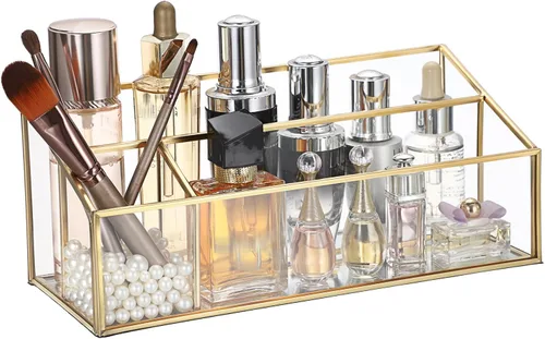 Miniatura 8 de Hipiwe Organizador de maquillaje para encimera, vitrina de cosméticos de vidrio dorado, soporte de almacenamiento de tocador de 3 ranuras