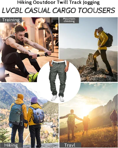 Miniatura 5 de LVCBL Pantalones cargo para hombre, de algodón, ajuste relajado, con múltiples bolsillos para hombre