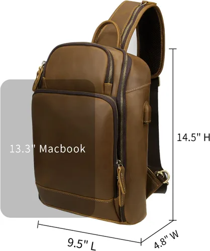 Miniatura 3 de Bolso de cuero genuino de grano completo vintage para hombres, mini tamaño mediano pequeño, con puerto de carga USB, Medium-camello, Mochilas Sling