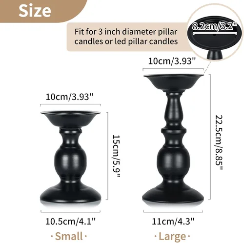 Miniatura 6 de Nuptio Portavelas negro para velas de pilar - Juego de 2 portavelas rústicos Soporte de velas de metal alto Portavelas de pilar retro de otoño