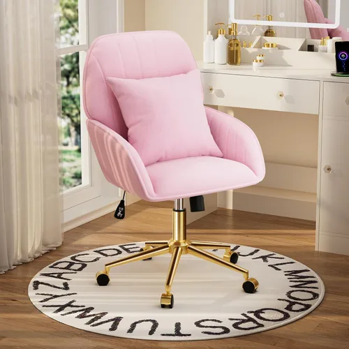 Miniatura 7 de Silla de Escritorio de Terciopelo Rosa con Cojín, Silla de Oficina Doméstica Tapizada con Ruedas Giratorias, Silla de Maquillaje, Silla de Oficina