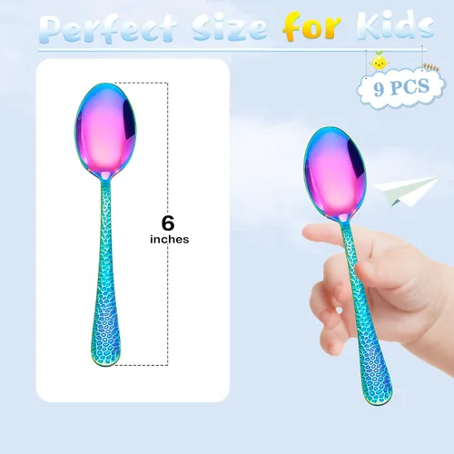 Miniatura 2 de LIANYU Cuchara de acero inoxidable para niños de 9 piezas, lindas cucharas para niños, juego de cubiertos para niños, juego de cubiertos para niños