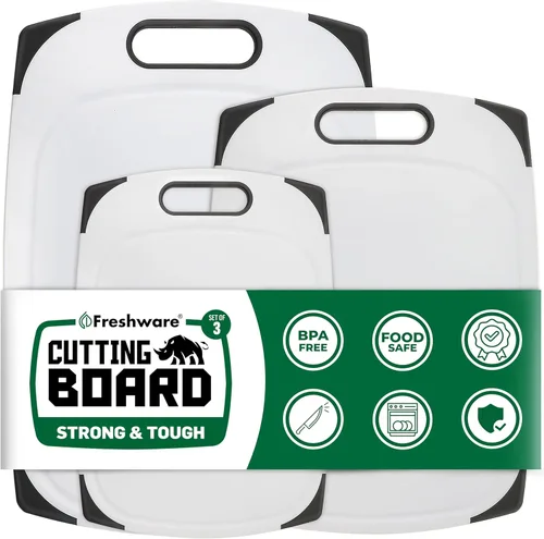 Miniatura 2 de Freshware Tablas de cortar para cocina, paquete de 3 tablas de cortar con diferentes tamaños, ranuras para jugos y asas antideslizantes, reversible