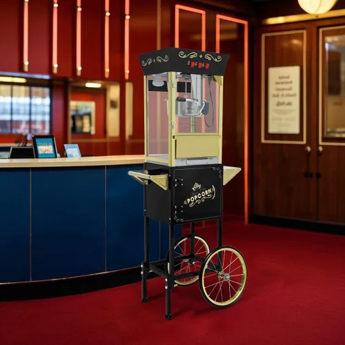 Miniatura 7 de Máquina de palomitas de maíz de 12 onzas con carrito, máquina de palomitas vintage con soporte, ruedas, hervidor de acero inoxidable, cajón de Negro