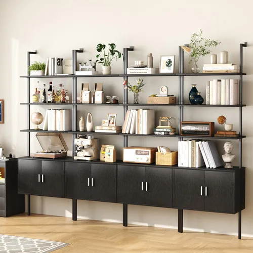 Miniatura 10 de Yusong Estantería alta de 73" con gabinete, estantería tipo escalera para montaje en pared con marco de madera y metal, estantería para plantas