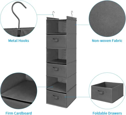 Miniatura 9 de MAX Houser Organizador colgante de armario de 6 niveles, estante colgante de armario con 2 ganchos resistentes para almacenamiento, plegable Gris-d3
